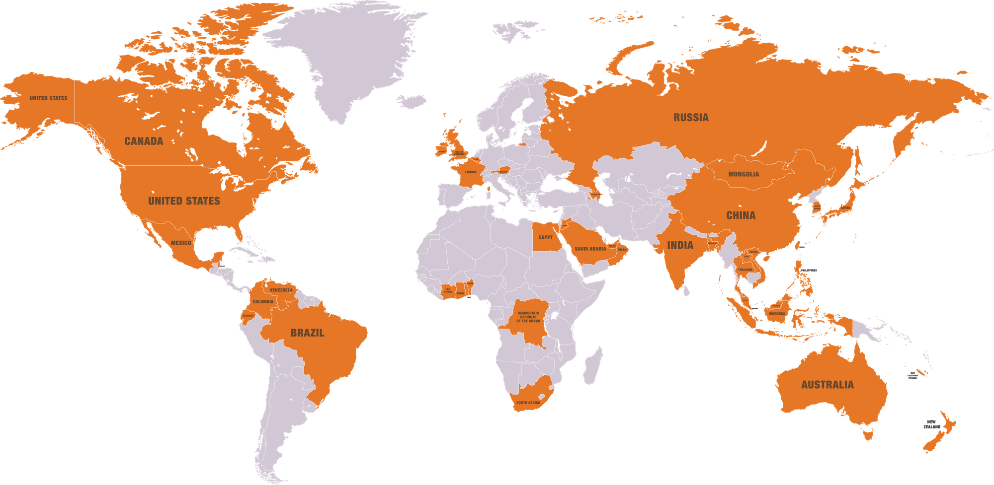 World map highlighting countries Pique Voltage Pty Ltd has supported, including Australia, the United States, Canada, Brazil, China, India and Russia